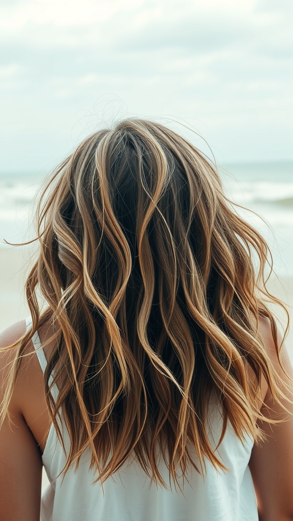 A woman with textured beach waves, standing by the ocean, showcasing a relaxed hairstyle.