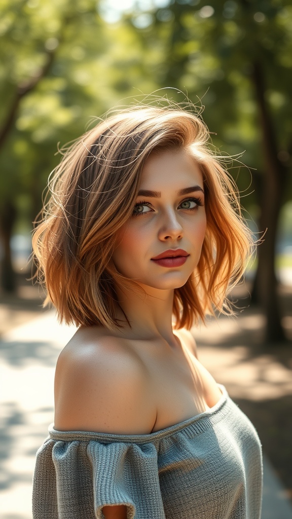 A woman with a textured bob hairstyle, showcasing soft waves and a light color, standing outdoors.