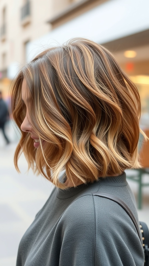 A woman with a textured bob hairstyle featuring soft waves and warm tones.