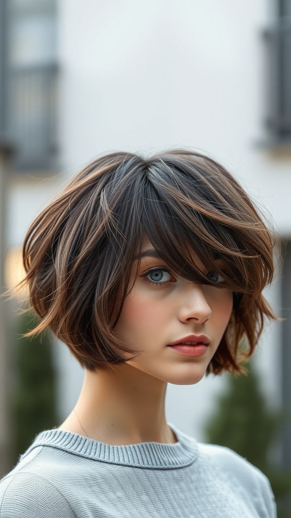 A woman with a textured bob cut, featuring soft waves and bangs, showcasing a stylish look for an oval-shaped face.