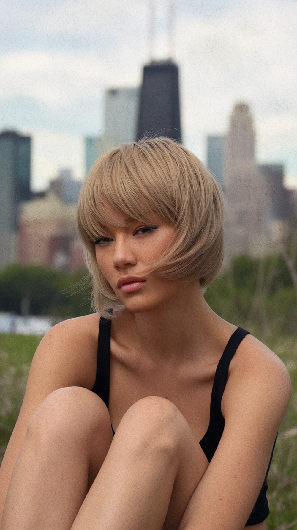 A model with a textured bob hairstyle, looking stylish against a city backdrop.
