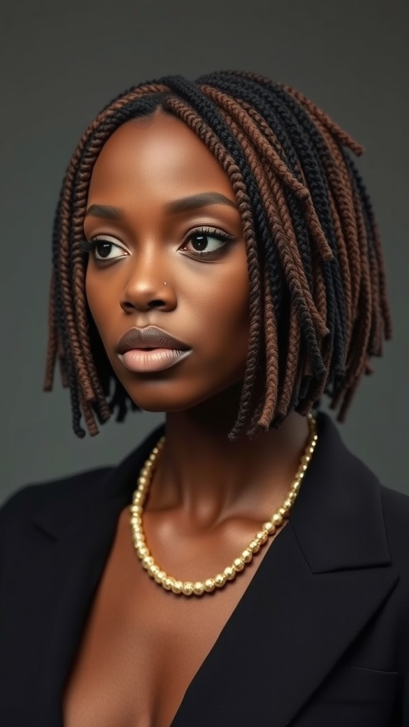 A woman with textured bob locs in black and brown, wearing a pearl necklace and a black blazer.