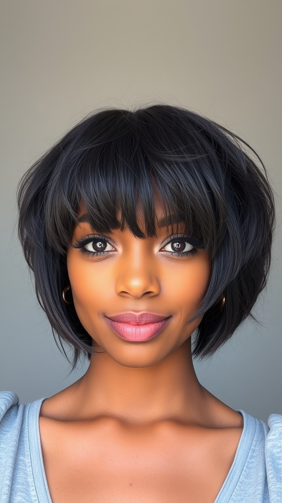 A woman with a textured bob hairstyle featuring fringe, showcasing natural beauty.