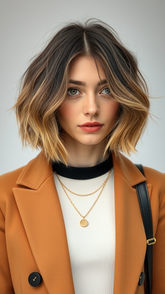 A woman with a textured bob hairstyle featuring waves, wearing a stylish orange blazer and layered necklaces.