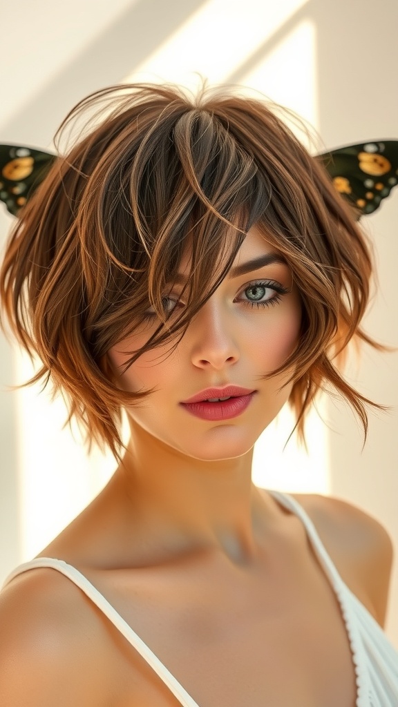 A model with a textured butterfly shag haircut, showcasing soft layers and playful butterfly accents.