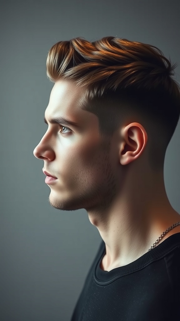 A man with a textured crop hairstyle featuring a fade on the sides, showcasing a modern and stylish look.