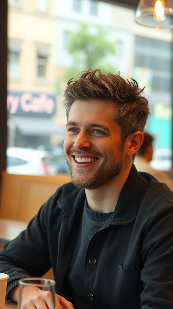 A young man with a textured curly hairstyle, smiling in a cafe setting.