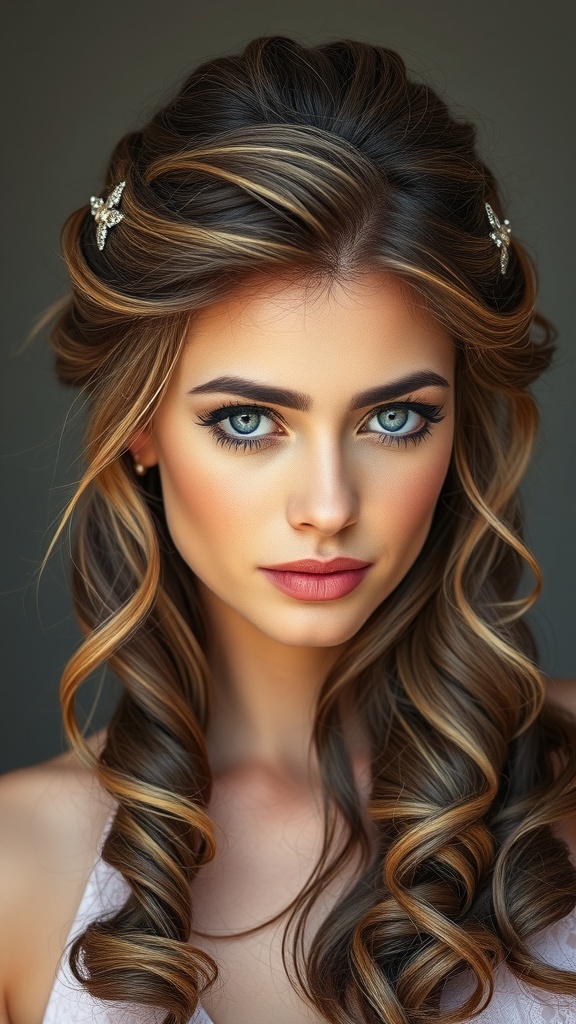 A young woman with a textured half-up, half-down hairstyle, featuring soft waves and decorative hairpins.