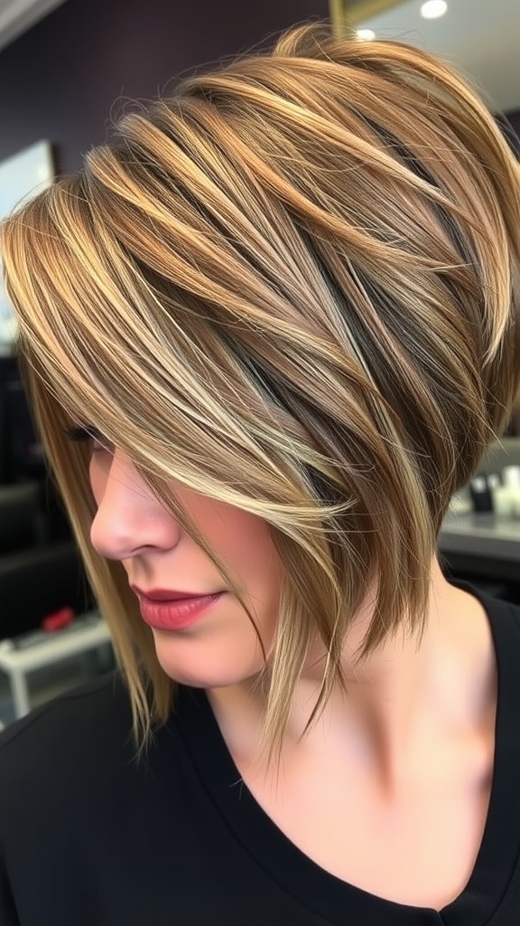 A medium shag haircut with textured layers and highlights, showcasing volume and movement.
