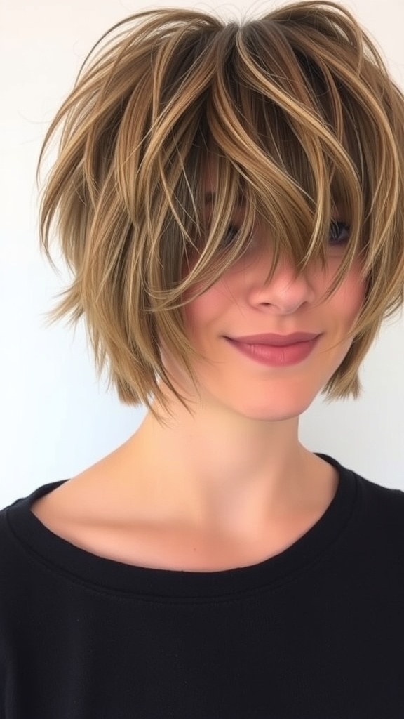 A person with a short shag hairstyle featuring textured layers and bangs.