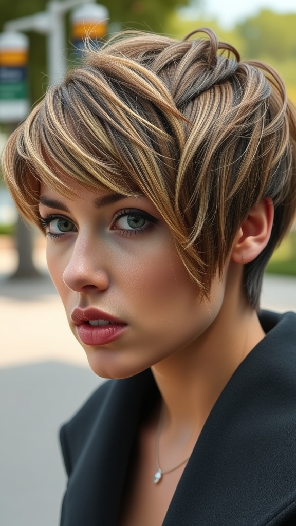 A close-up of a woman with textured layers and curtain bangs, showcasing warm hair tones and a stylish look.