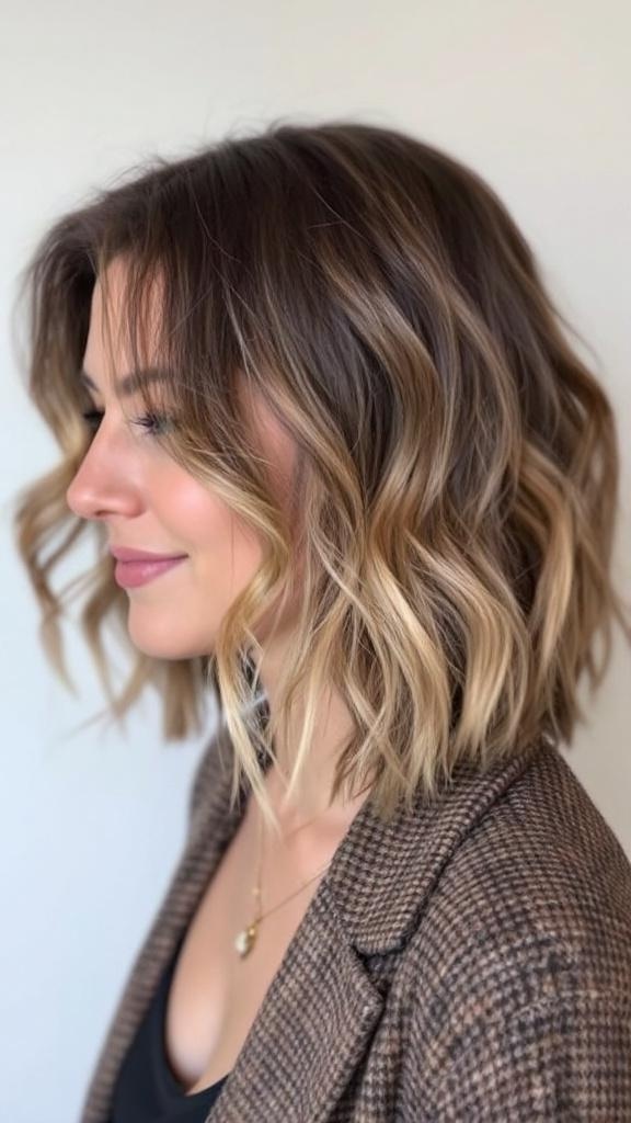 A woman with a textured lob haircut, featuring soft waves and subtle highlights.