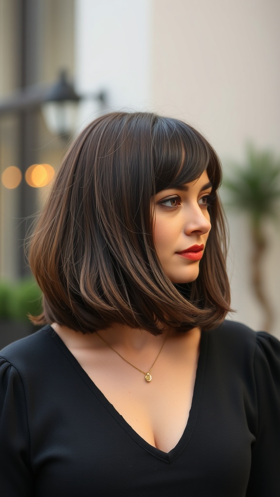 A woman with a textured lob hairstyle and bangs, wearing a black top, outdoors.