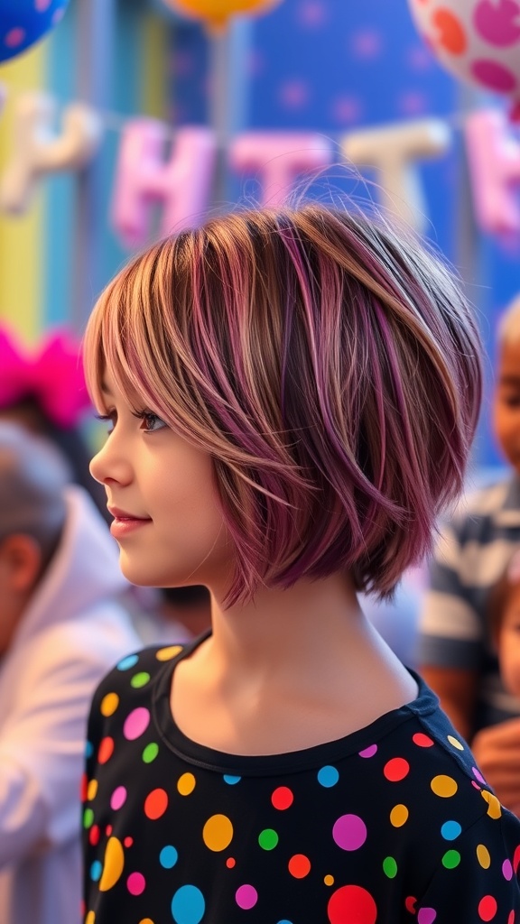 A girl with a textured lob hairstyle featuring colorful pink and purple highlights, celebrating a birthday.