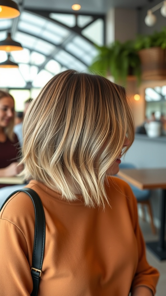 A woman with a textured lob haircut featuring highlights, wearing an orange top in a cafe setting.