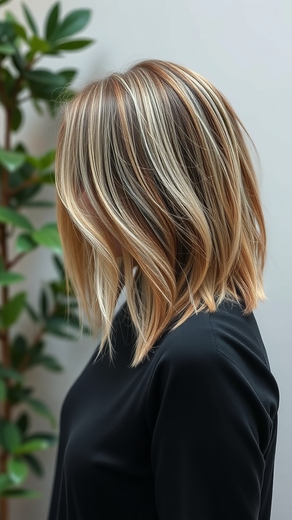 A woman with a textured lob hairstyle featuring soft highlights, standing beside a green plant.