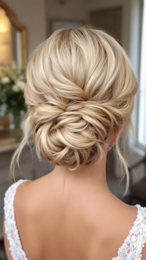 A bride with a textured low bun hairstyle featuring soft curls and golden tones, showcasing elegance and simplicity.