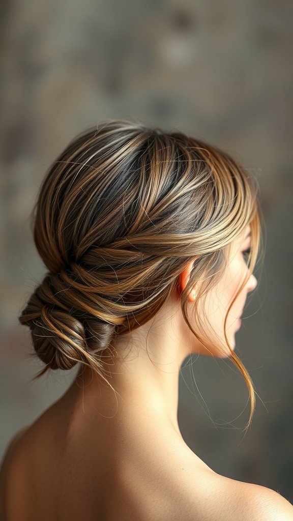 A woman with long hair styled in a textured low bun, showcasing soft waves and a relaxed look.