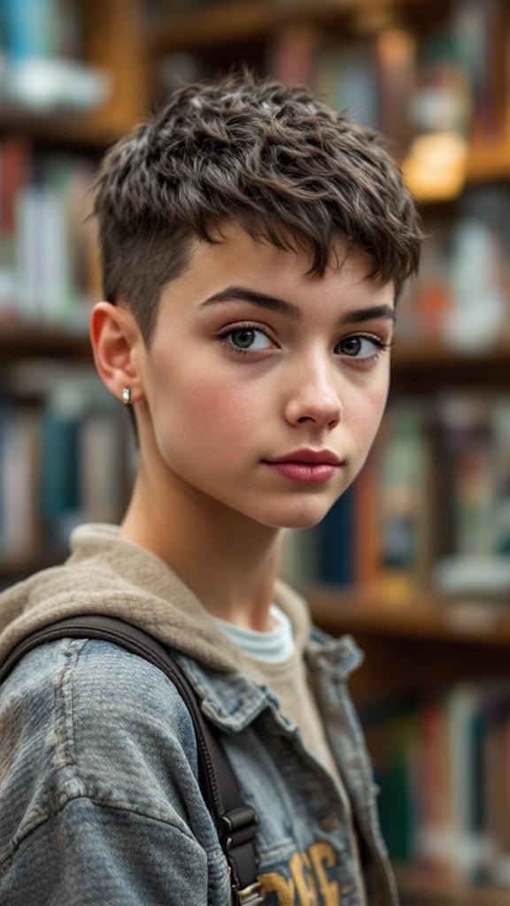 A young student with a textured pixie cut, looking stylish and ready for school.
