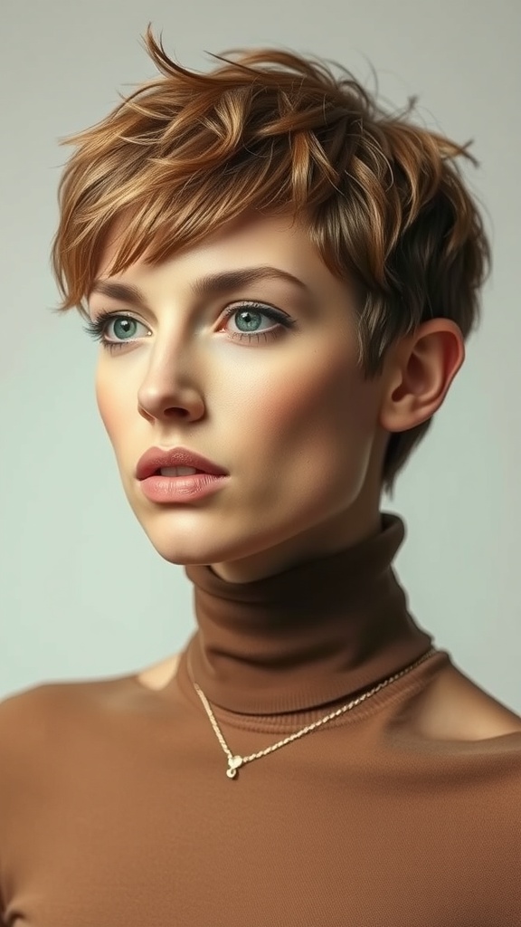 A model with a textured pixie cut, showcasing layers and volume.
