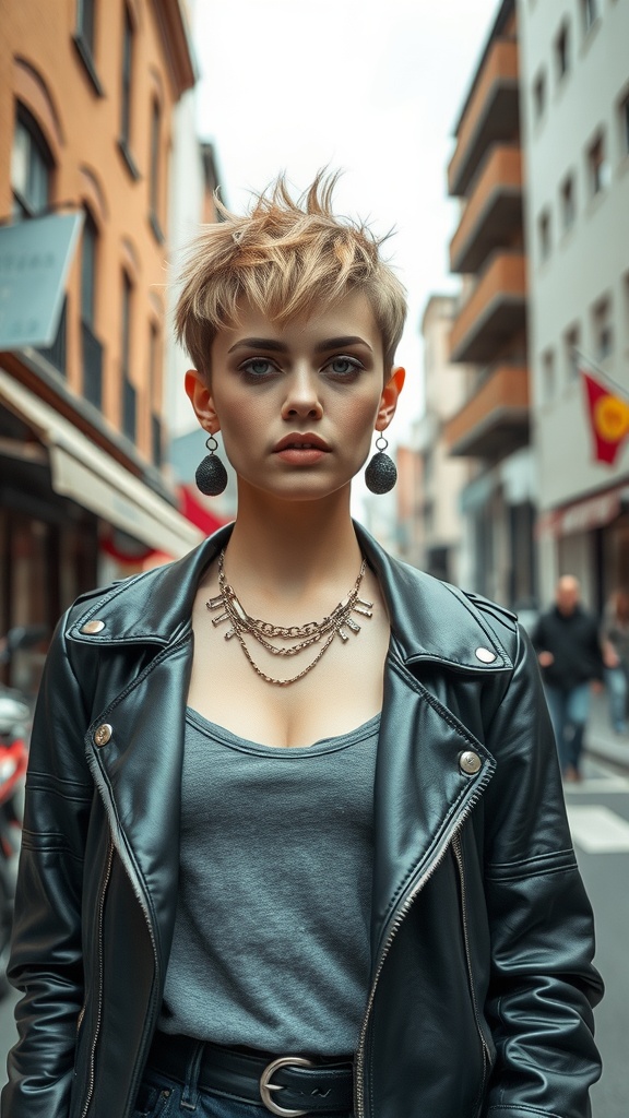 Model with a textured pixie cut wearing a leather jacket and layered necklaces, standing in an urban setting.