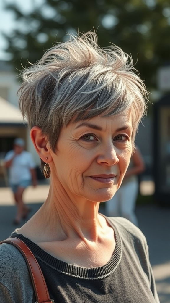 A woman with a textured pixie cut, showcasing a stylish and effortless look.