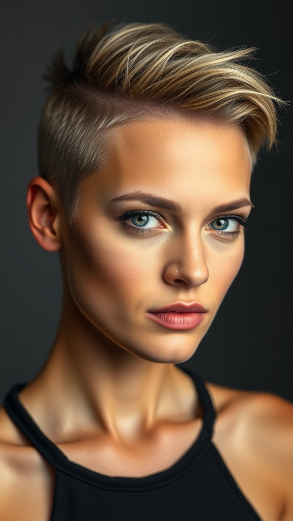 A model with a textured pixie cut featuring a side shave, showcasing a bold and trendy hairstyle.
