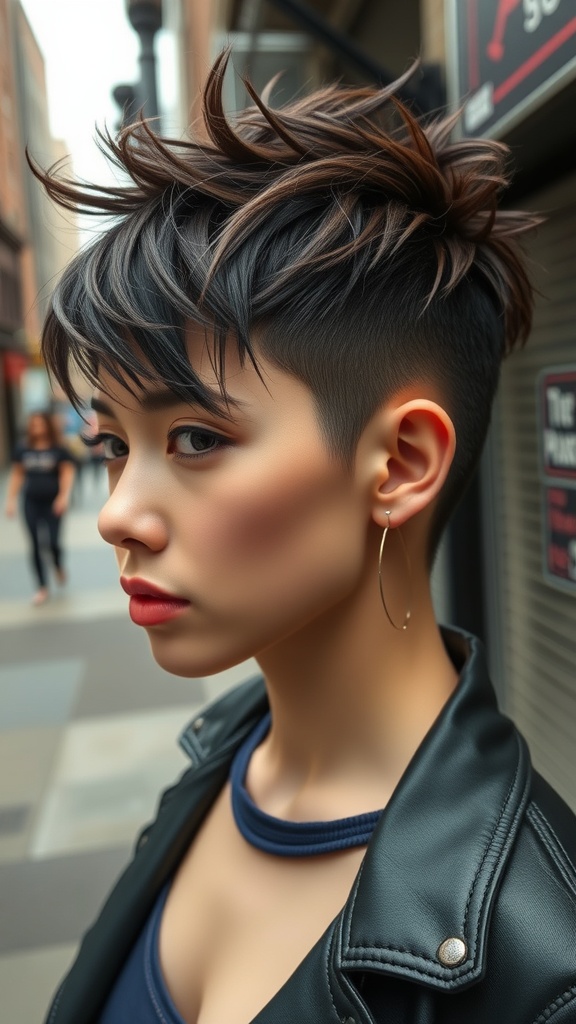 A model showcasing a textured pixie hairstyle with an undercut, featuring vibrant pink hair.