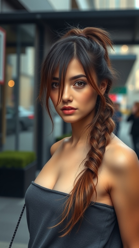 A woman with a textured ponytail and face-framing strands, showcasing a stylish and relaxed hairstyle.
