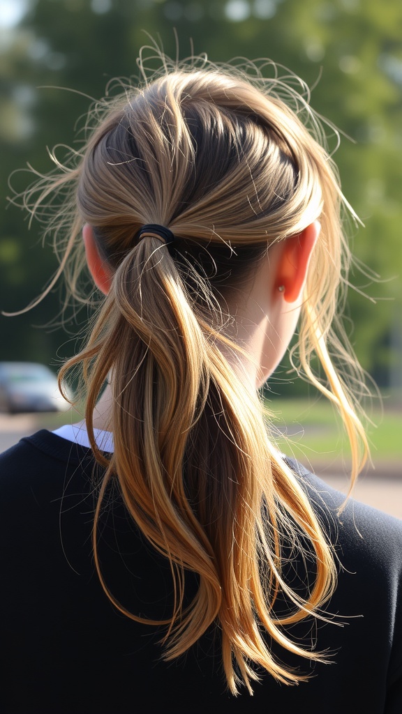 A woman with a textured ponytail, showcasing a relaxed hairstyle.