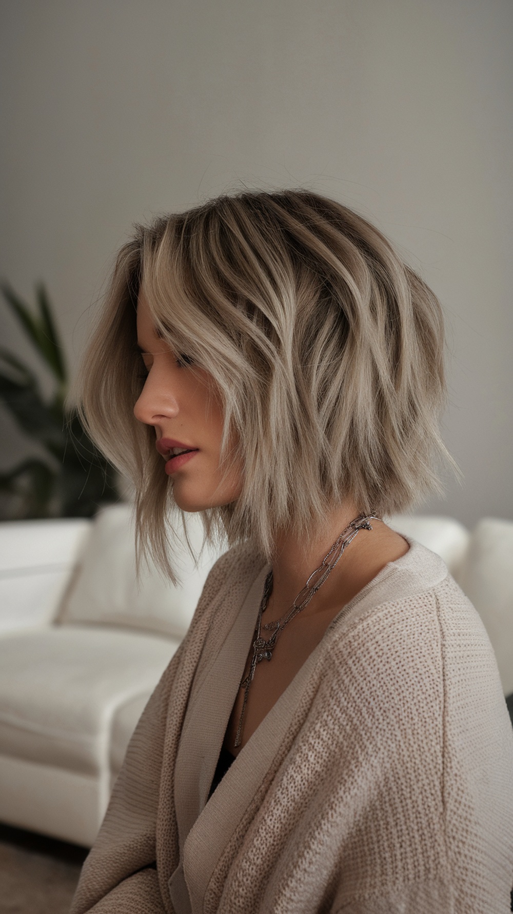 A woman with a textured shaggy bob hairstyle, featuring soft waves and a side part, wearing a cozy sweater and simple jewelry.
