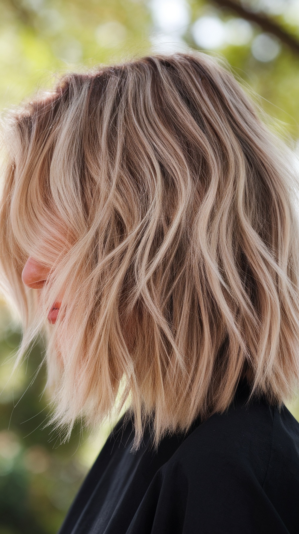 Shoulder-length hair styled in textured waves with highlights