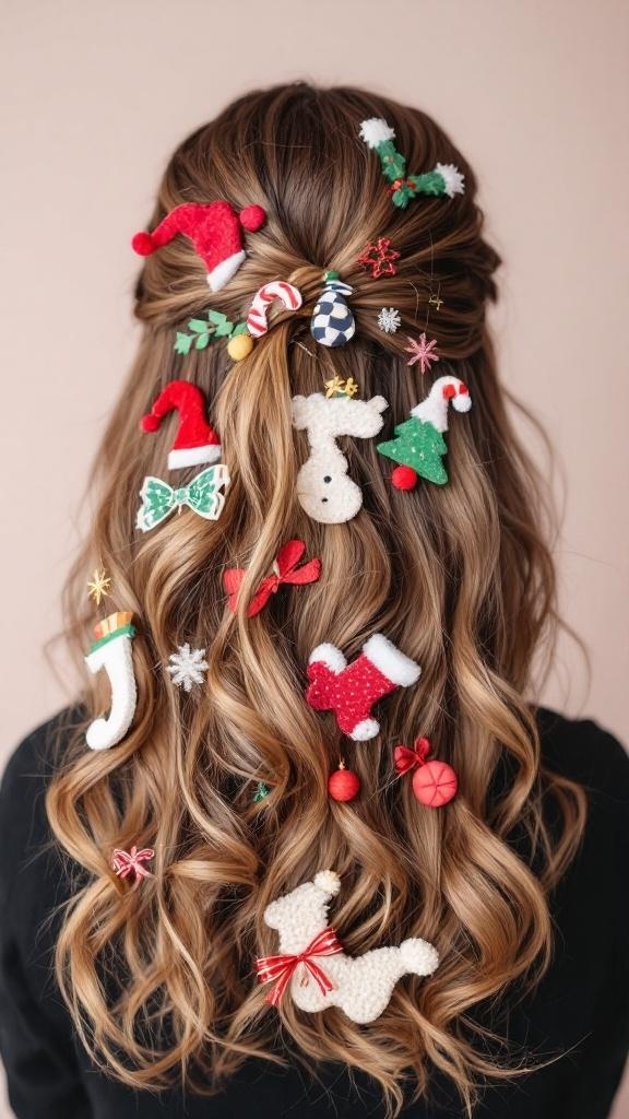 A woman with textured waves in her hair adorned with various holiday-themed clips.