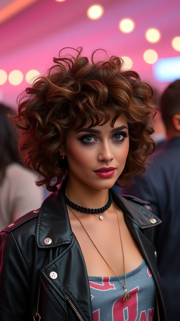 A woman with a stylish 80s perm hairstyle, wearing a leather jacket and layered necklaces, set against a vibrant background.