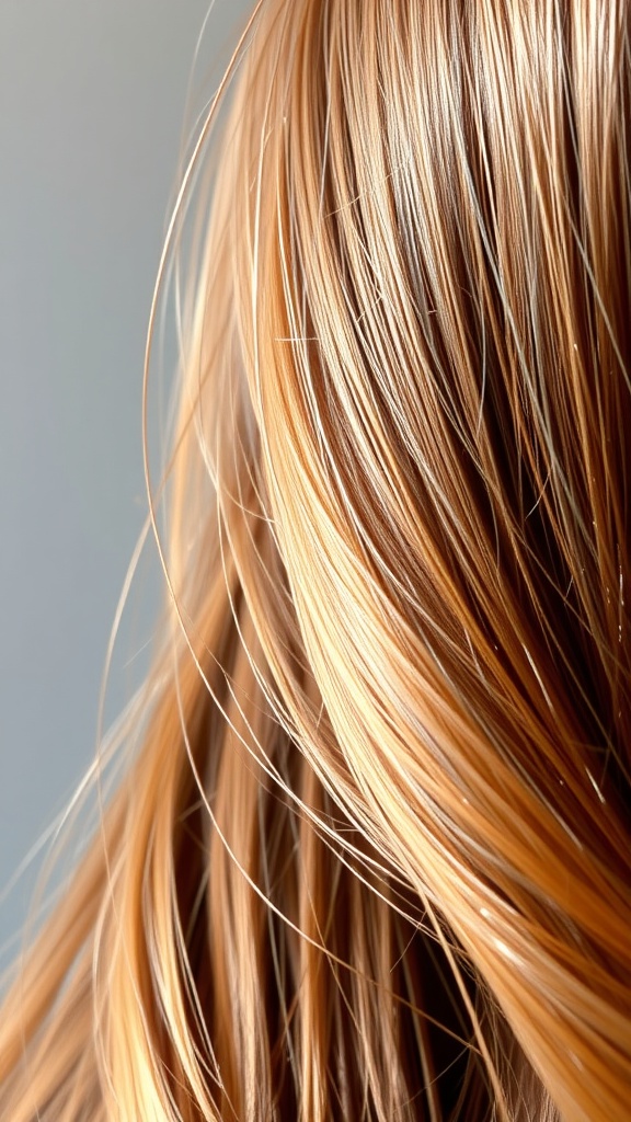 Close-up of brown hair with caramel highlights, showcasing waves and shine.