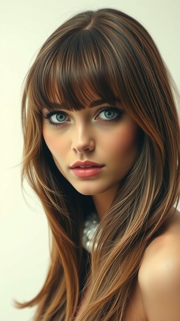 A woman with a wolf cut hairstyle featuring curtain bangs, showcasing a stylish and modern look.