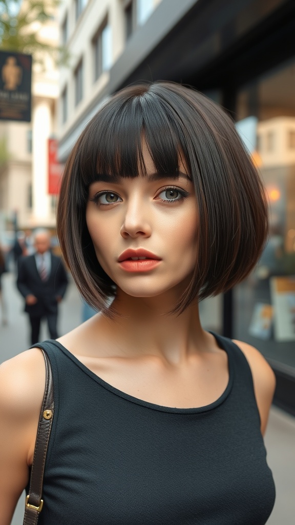 A woman with a classic bob hairstyle, showcasing a stylish and modern look.