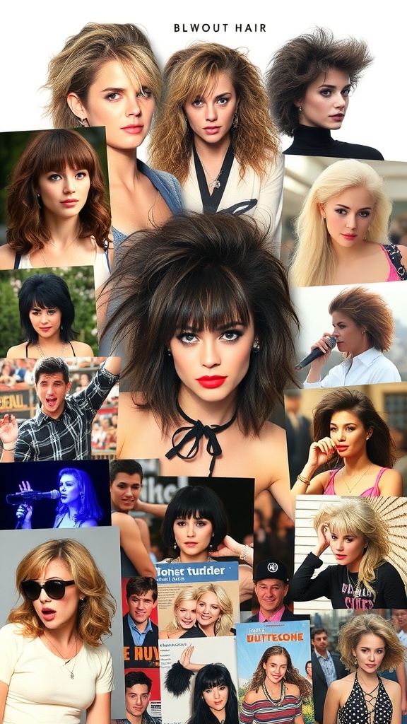 A collage of various 90s blowout hairstyles featuring different individuals showcasing the iconic look.