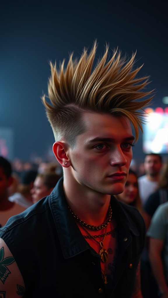 A young man with a tall, spiky faux hawk hairstyle, looking serious in a crowded setting.