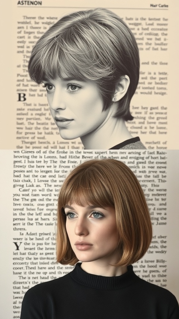 A comparison of two wedge haircuts: a classic short style with bangs and a modern longer version.