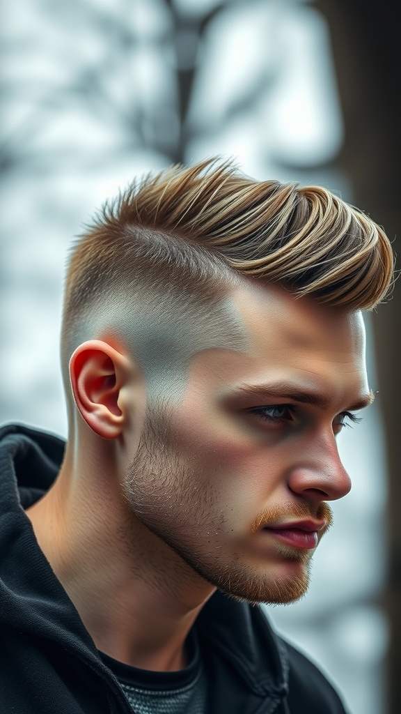 A young man with a stylish wolf cut hairstyle, featuring longer hair on top and shorter sides.