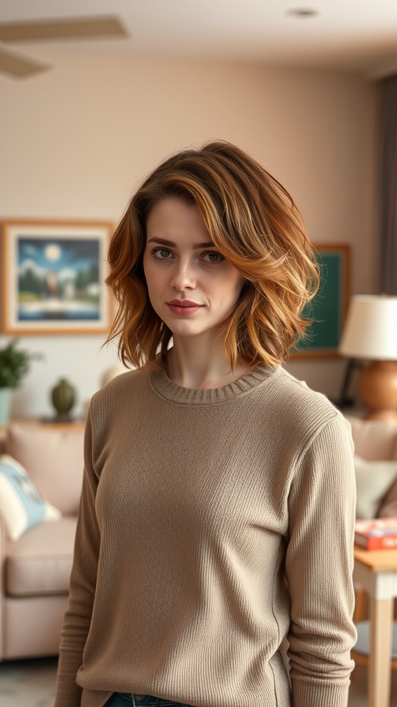 A woman with a layered hairstyle reminiscent of the 90s.