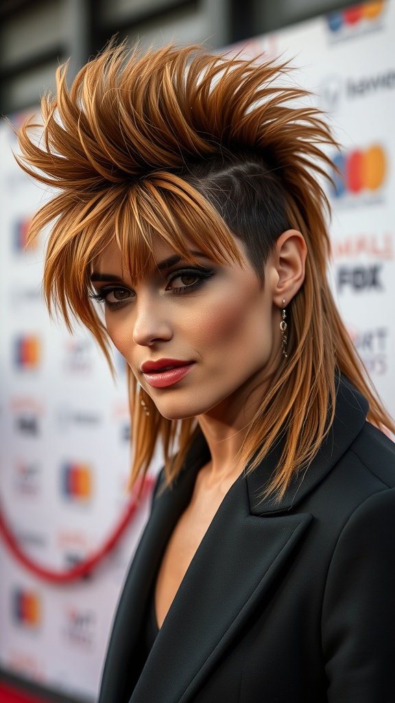 A person with a modern mullet hairstyle featuring spiky layers and vibrant color.