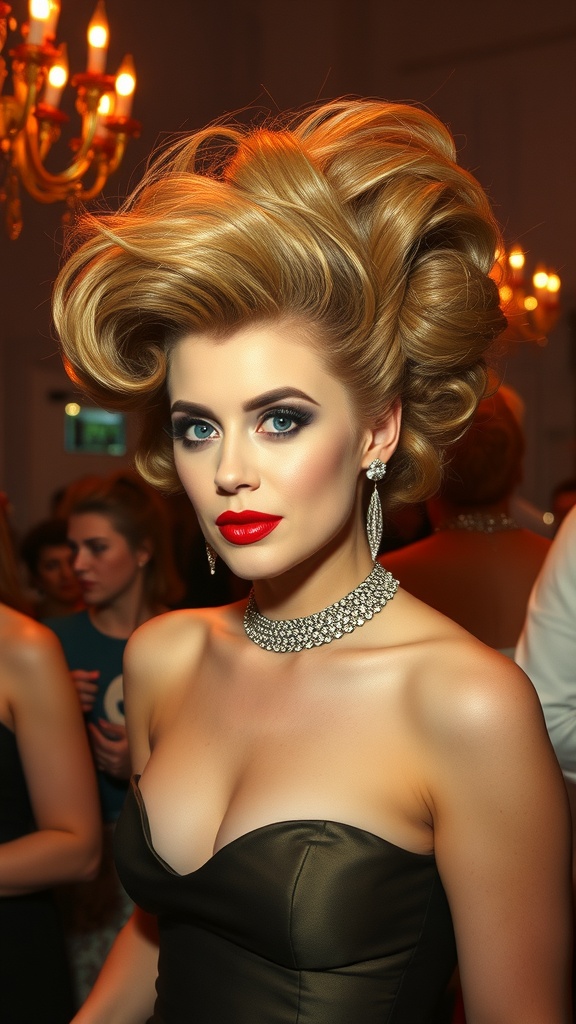 A glamorous woman with a poofy bouffant hairstyle, wearing a black dress and sparkling jewelry, at a formal event.