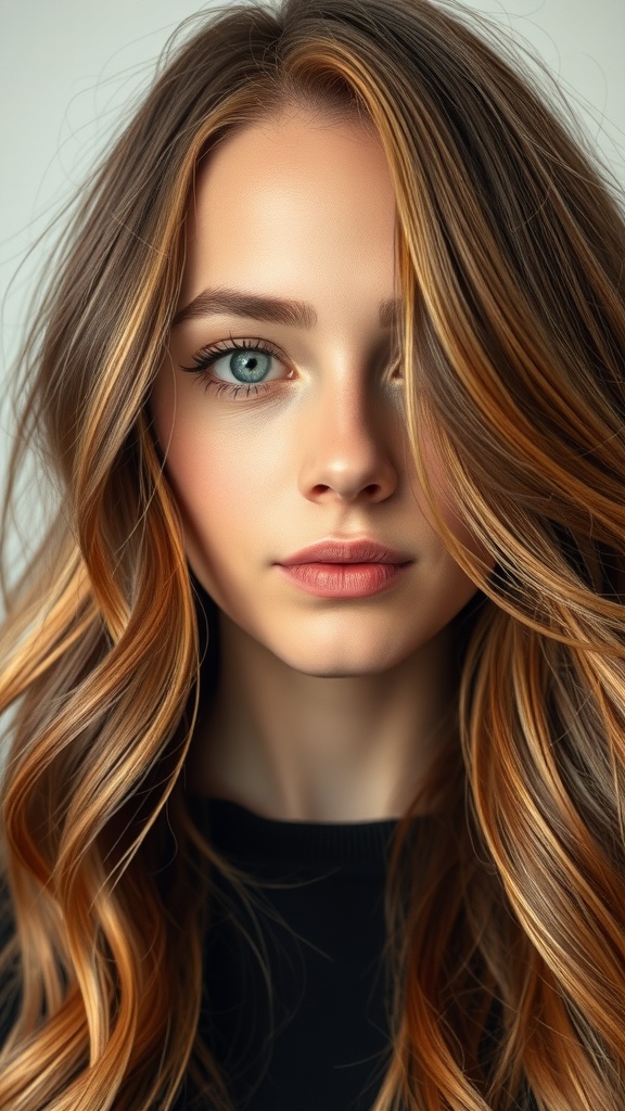 A view of long, wavy hair with caramel highlights on a light background.