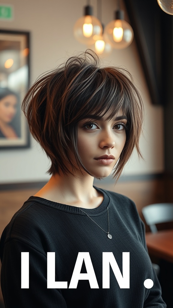 A woman with a modern shag cut hairstyle.