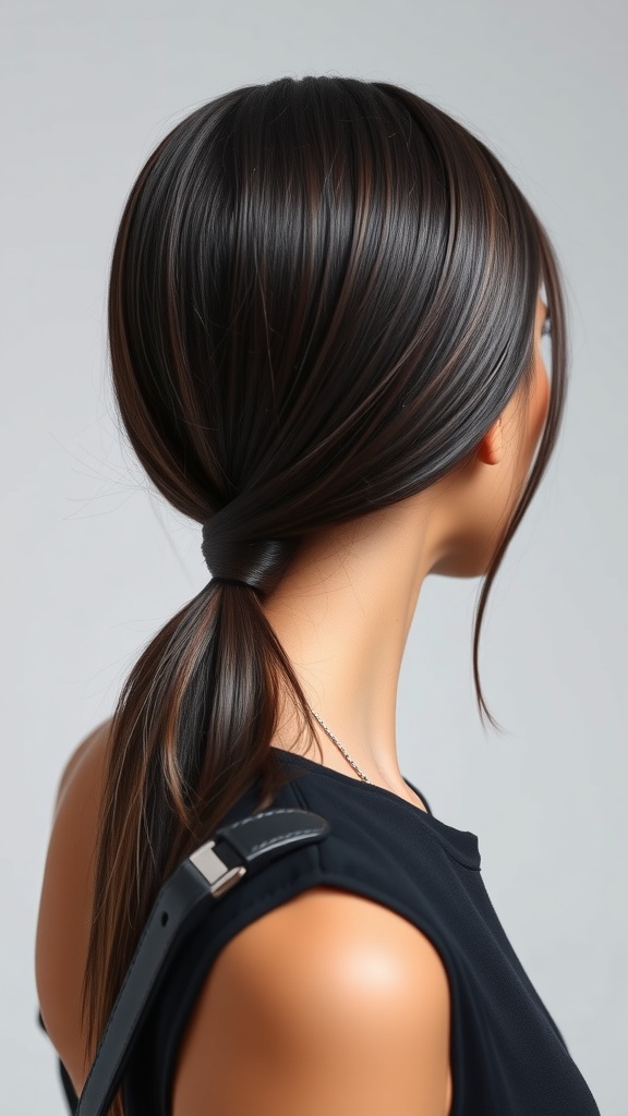 A sleek ponytail hairstyle showcasing smooth, straight hair tied back elegantly.