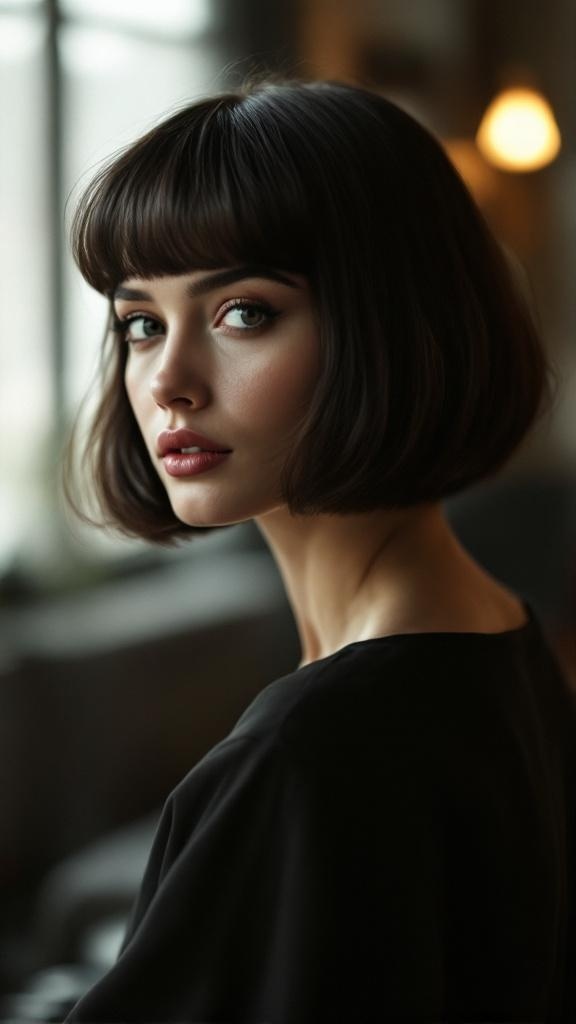 A woman with a stylish bob haircut, featuring soft bangs, looking elegant and poised.