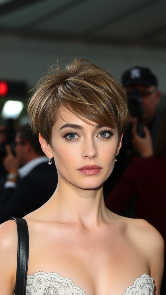 A person with a short, choppy pixie cut that appears unfinished, showcasing a messy hairstyle.