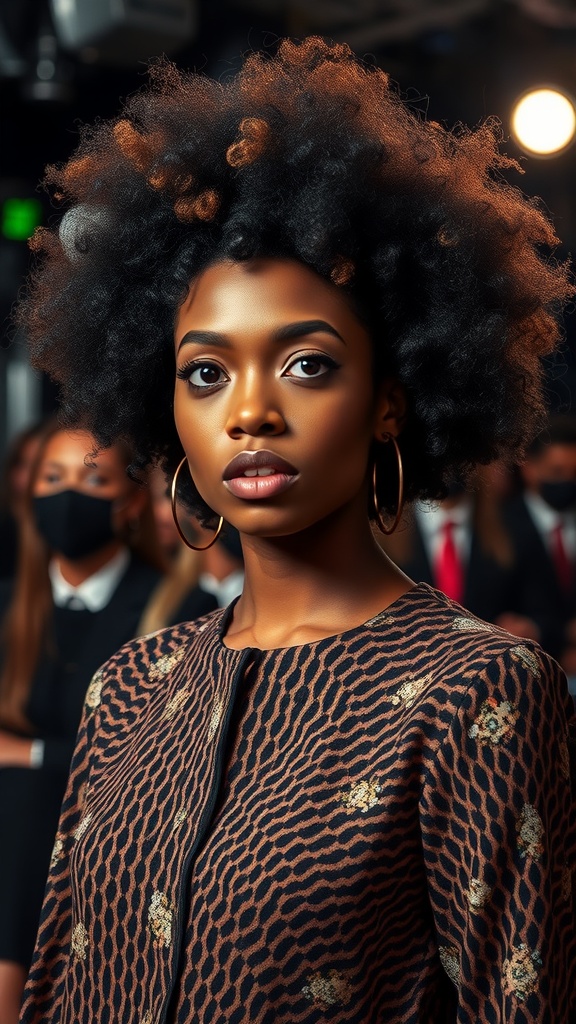 A person with a large, unruly afro hairstyle, looking serious in a crowded setting.